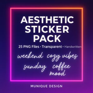 Aesthetic Instagram story stickers – product cover showing neon frame and handwritten script words for social media edits.